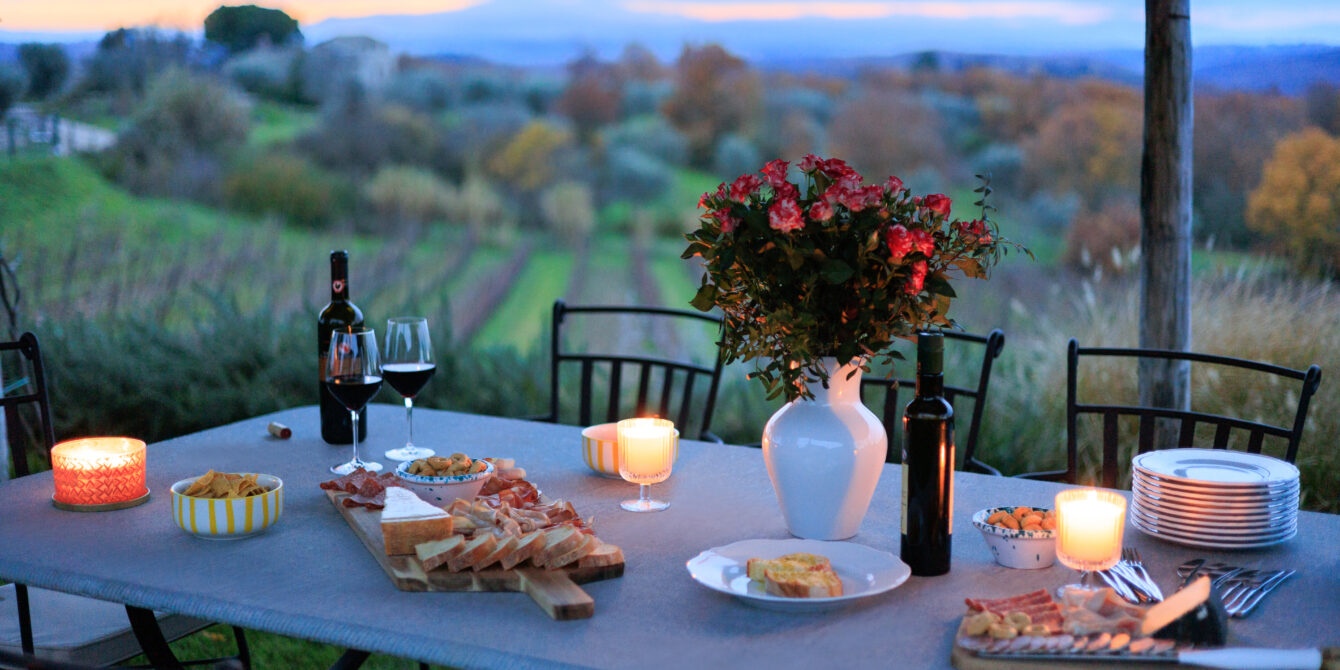 Charcuterie appetizer board Outdoor table with vineyard background in Italy